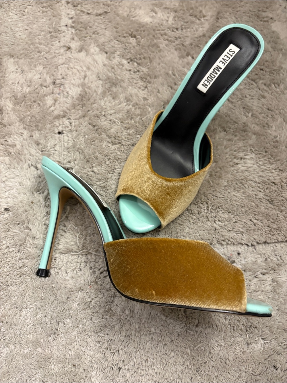 Steve Madden Gold Velvet Open-Toe Mule Heels with Mint Trim